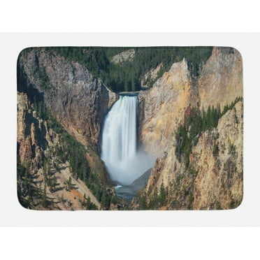 Wyoming Bath Mat, Grand Canyon of Yellowstone Outdoor Scene of Waterfall, Plush Bathroom Decor Mat with Non Slip Backing, 29.5" X 17.5", Sand Brown Hunter Green, by Ambesonne