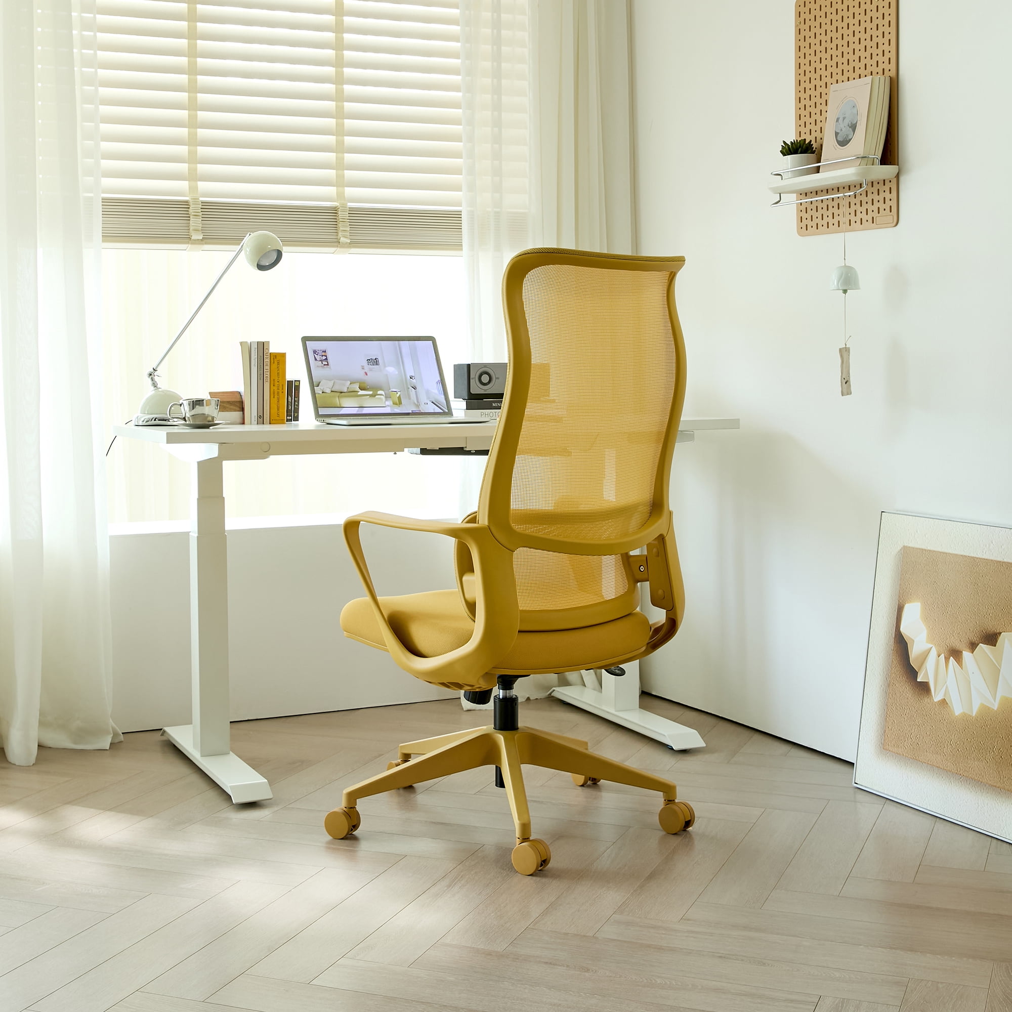 Office Chair, 350LBS Home Mesh Breathable High Back, With Adjustable Lumbar Support Computer Chair, Integrated Molded Foam Seat Cushion, Fireproof (Yellow)