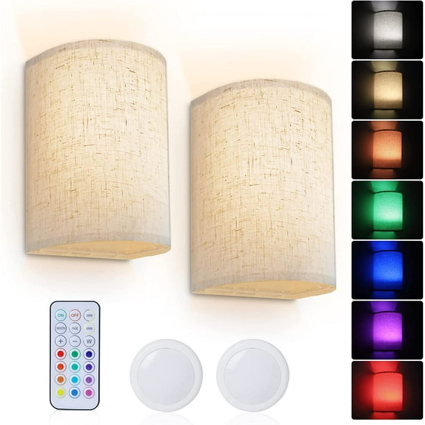 Aplique de pared con iluminación decorativa, juego de 2 apliques de pared recargables a batería con pantalla de tela y control remoto, lámpara de pared regulable con 16 colores RGB cambiables