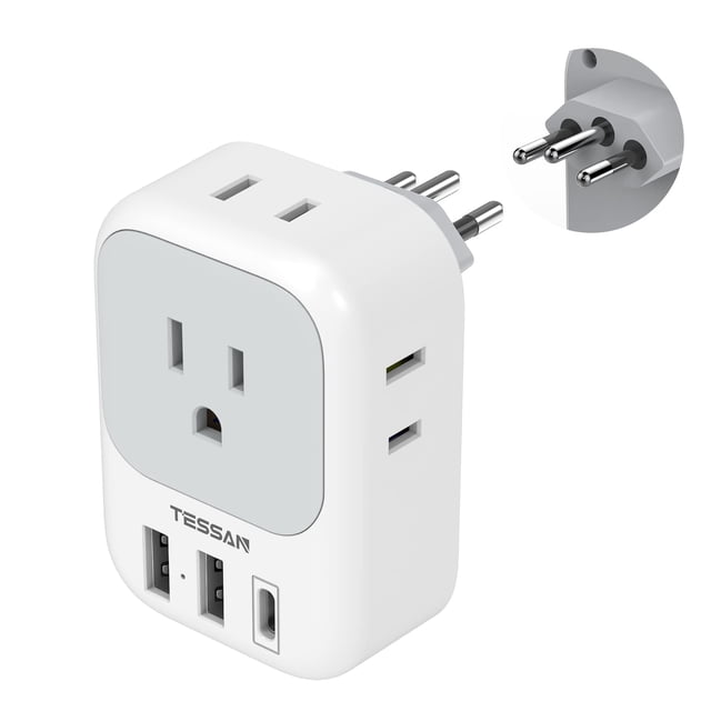 Adaptador de corriente TESSAN US a Brasil con 4 salidas, 3 USB tipo N