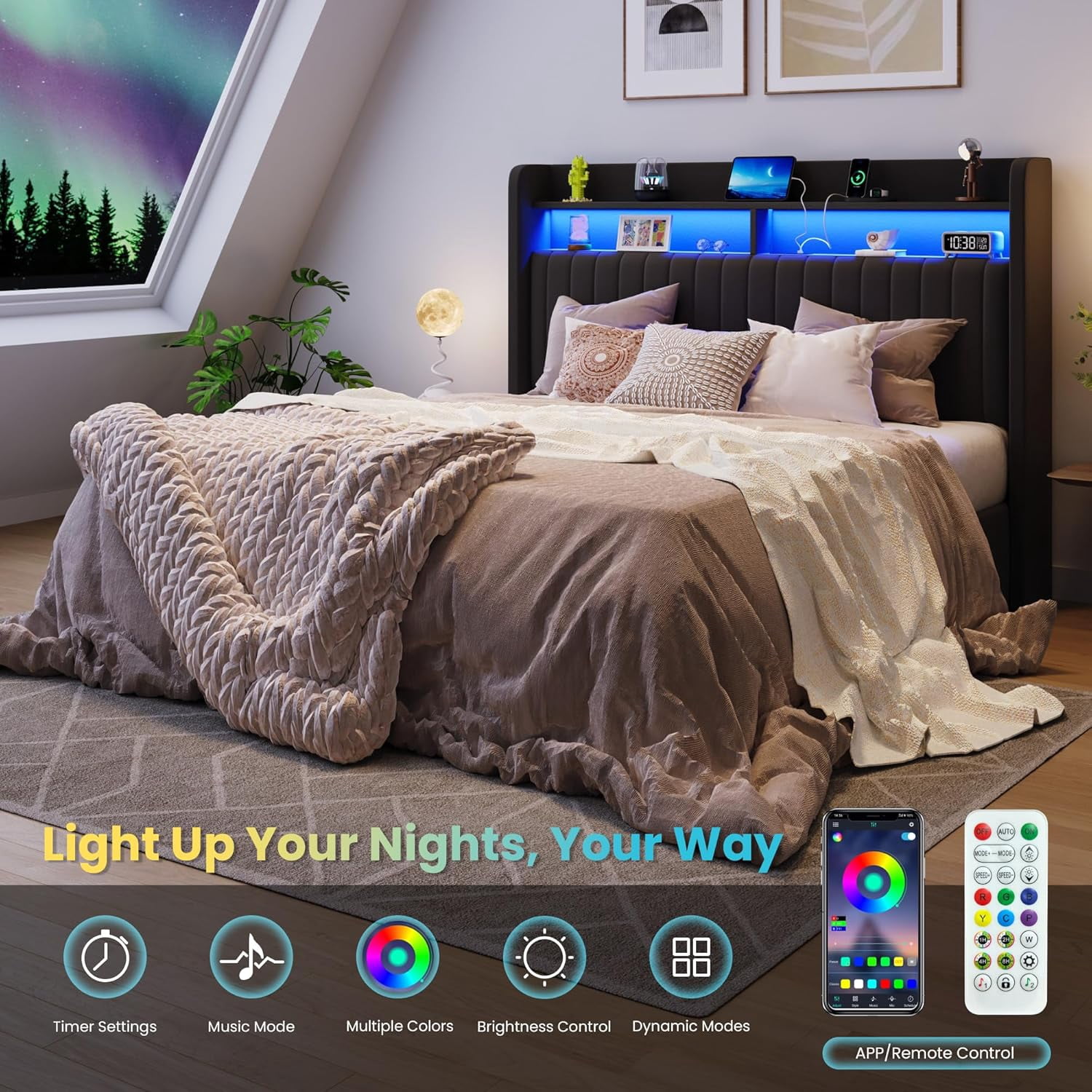 SHA CERLIN Full Size Lift Up Storage Bed Frame, LED Lights, Charging Station, 2-Tier Shelves Headboard, USB Type-C Ports, Velvet Upholstered, Hydraulic Support, Noise Free, Black