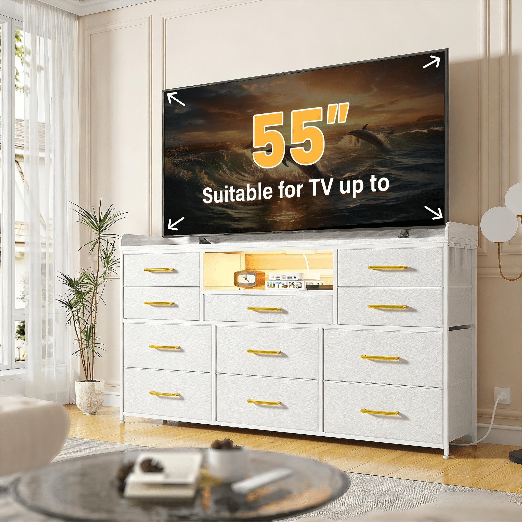 EnHomee White Dresser TV Stand for 55" TV with LED Lights & Power Outlets