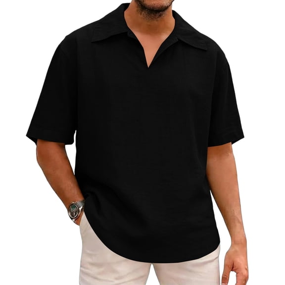BangWanChi Men's Lightweight Slub Cotton Linen Shirts Top V-Neck Short Sleeve Casual Holiday Wear Tops for Men