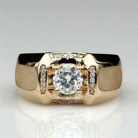 2Ct Round Cut Real Moissanite 14K Yellow Gold Plated Men Solitaire Wedding Ring