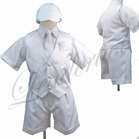 New Baby Boy & Toddler Christening 5PC White Vest Shorts Suit S M L XL 2T 3T 4T