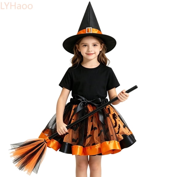 LYHaoo Girls 3Pcs Halloween Witch Costume, Cute Layered Mesh Tutu Skirt with Witch Hat Broom for Kids Dress Up Party Outfits(6-7 Years)