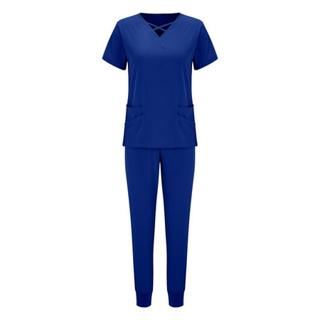 

Scrubs For Women Set Stretchy Plus Size Short Sleeve V-Neck Tops Pants joggers Tall Nursing Working Uniform