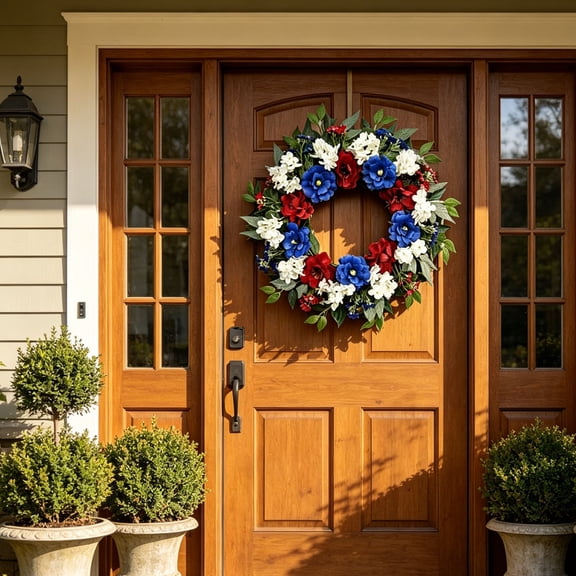 4th of July Wreath for Front Door, 20 Inch Patriotic Artificial Flower Wreath, Red White Blue Independence Day Decor, Memorial Day Wreath for Wall Porch Fireplace