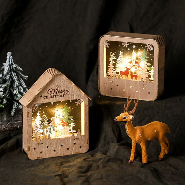 Christmas Deer Wood Decorations Office Desktop Deer Male and Female with White Hair Light Doodads Christmas Light Chalet Painted Wooden House, Size