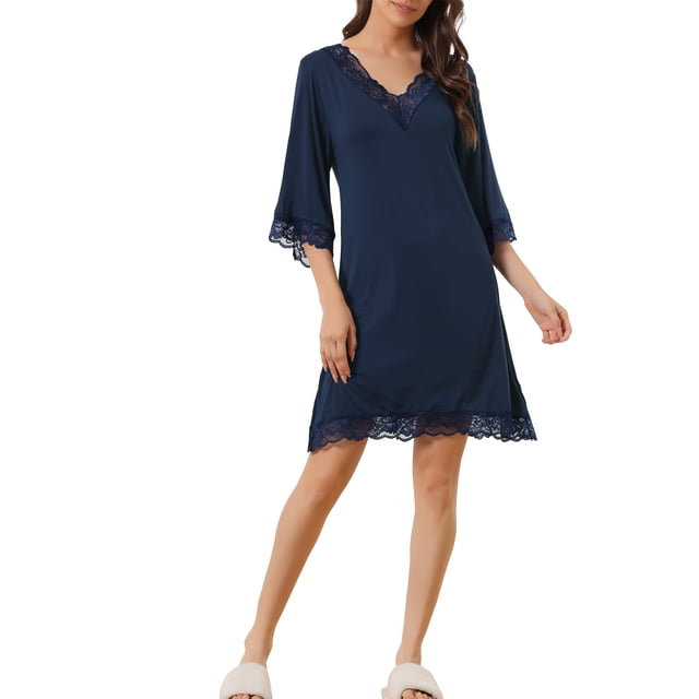 INSPIRE CHIC Camisón de Encaje para Mujeres Modal Suave con Manga Corta Ropa de Dormir Pijama Noche S Azul Marino