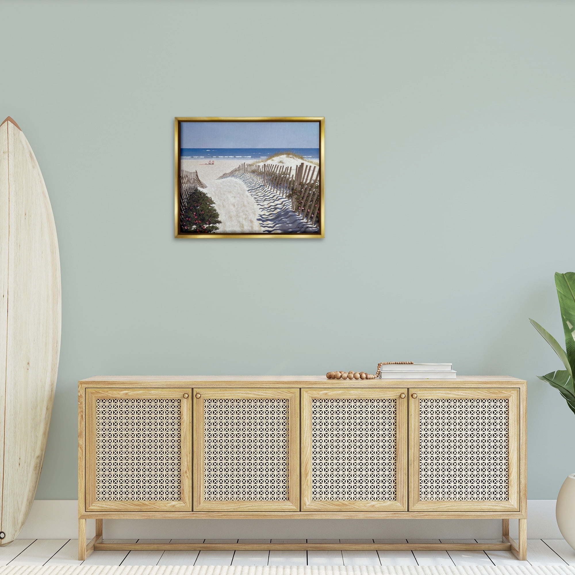 Stupell Industries Fenced Pathway to Beach Summer Nautical Painting Metallic Gold Framed Floating Canvas Wall Art, 24x30, by Zhen-Huan Lu