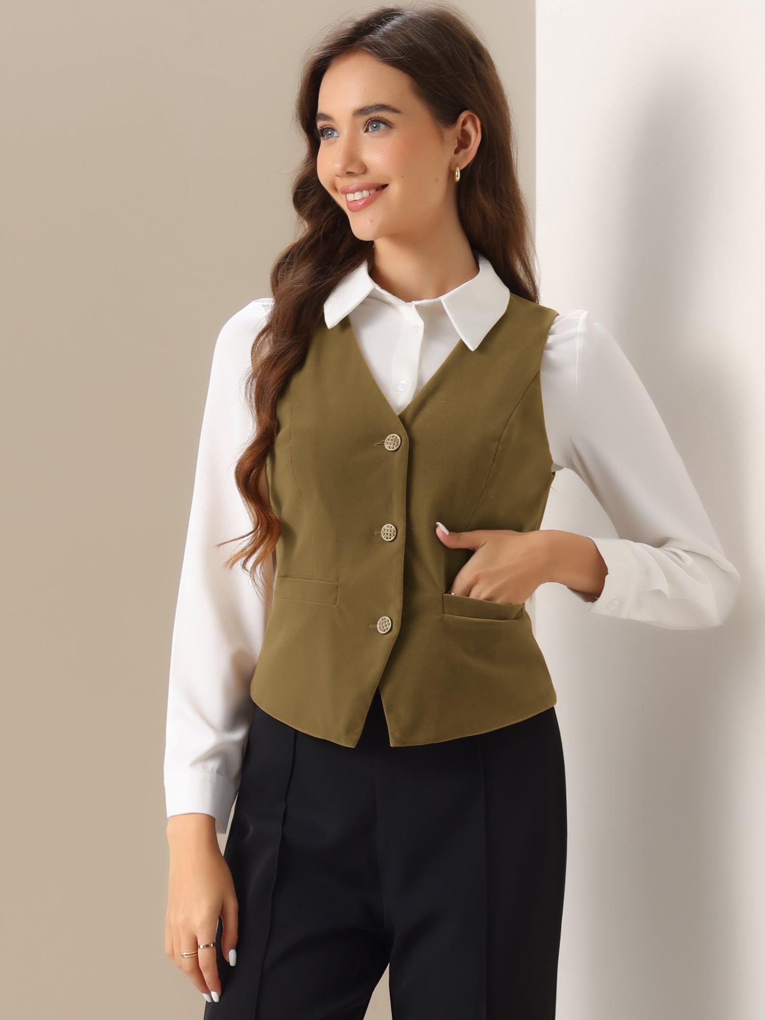 DARING DIVA Women's Vintage Velvet Vest Button Down Steampunk Waistcoat XL Khaki