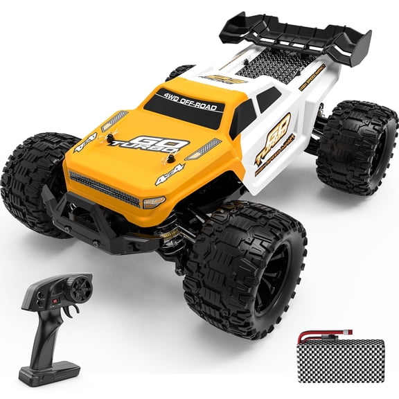 1:14 RC Car, 50 KPH High Speed Remote Control Car, 4WD Off Road Truck with 540 Brushed Motor, Metal Differential, LED Lights, 2.4GHz All Terrain Fast RC Truck for Adults & Kids, Yellow