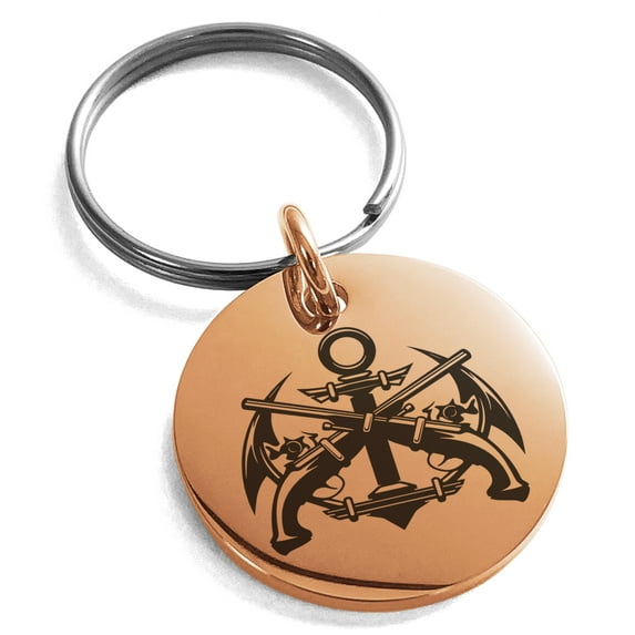 Stainless Steel Pirate Anchor & Pistols Emblem Engraved Small Medallion Circle Charm Keychain Keyring