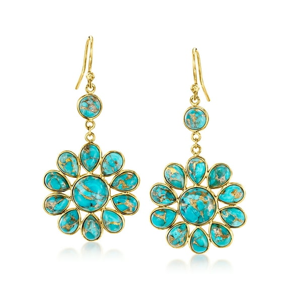 Ross-Simons Turquoise Flower Drop Earrings in 18kt Gold Over Sterling, Women's, Adult