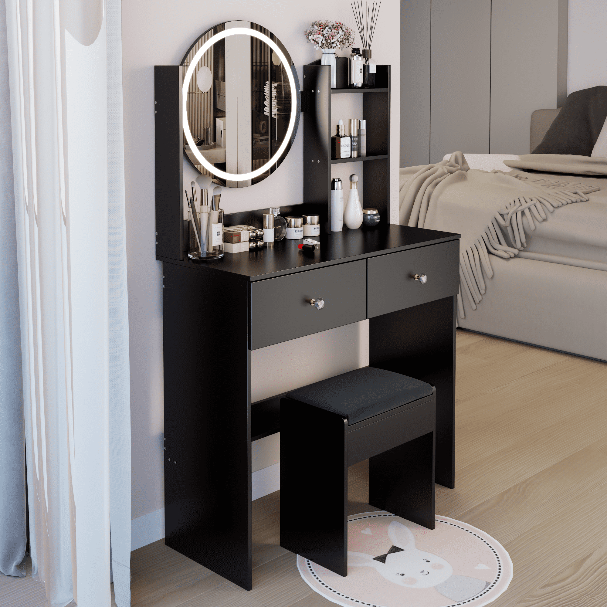 Leumius Makeup Vanity Desk with Mirror and Lights,Dressing Table with 2 Drawers,3 Color Lighting Brightness,Multi-layer High Capacity Storage Makeup Table for Bedroom,Black