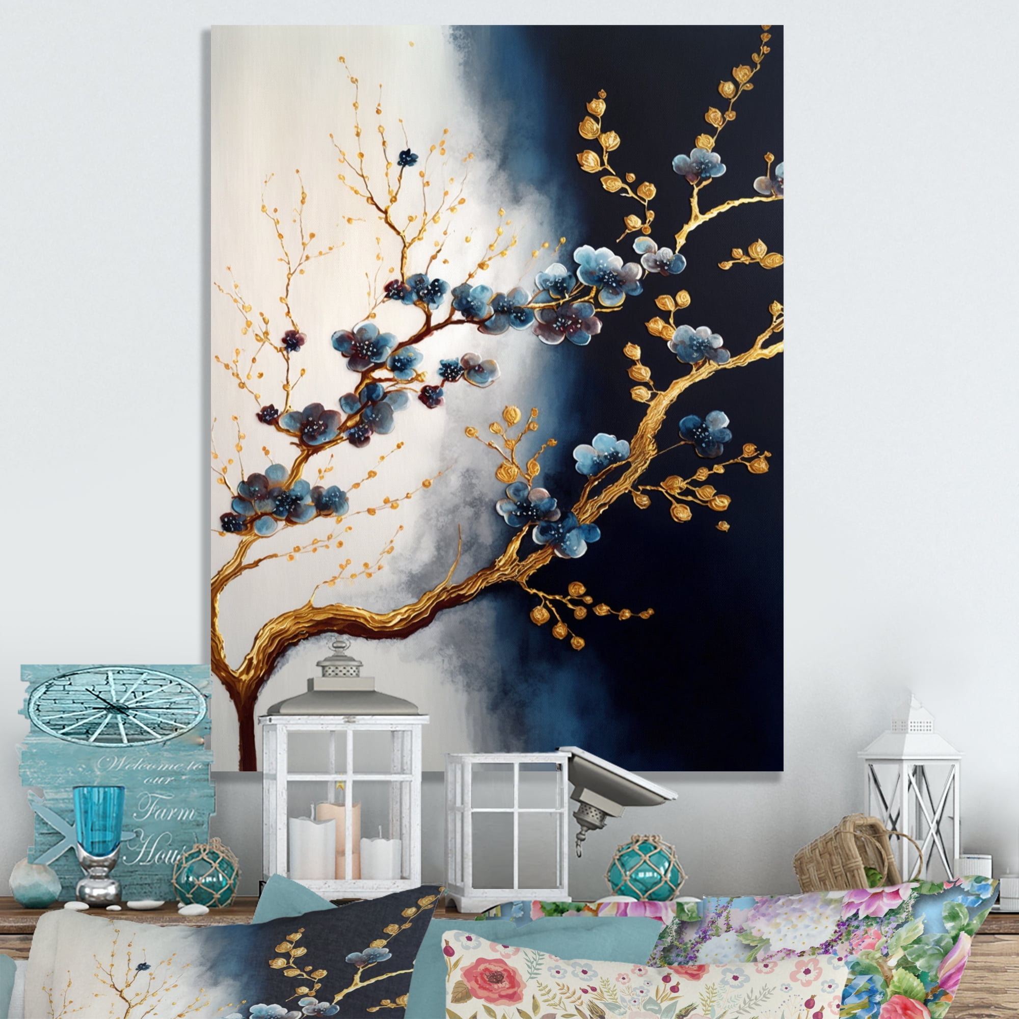 Designart Blue Cherry Blossom Branch VI Canvas Wall Art