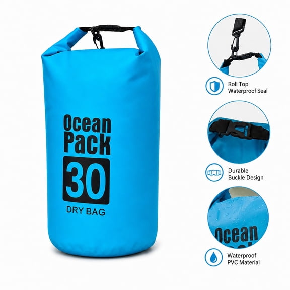 PVC Waterproof Dry Backpack, 30L Roll-Top Dry Bag for Diving Hiking Kayaking Beach, Blue with Shoulder Straps