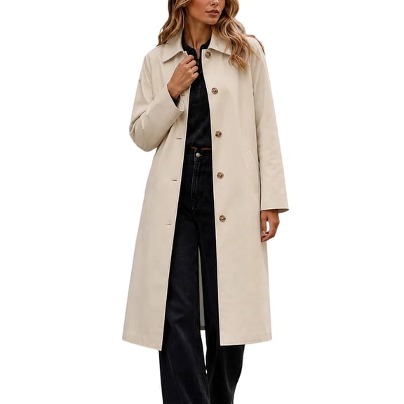 uublik Womens Long Trench Coat Beige Long Sleeve Classic Overcoat Open Front Cardigan Jacket