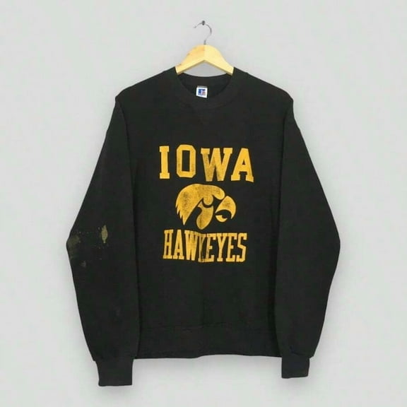 Vintage Distressed Iowa Hawkeyes NCAA Sweatshirt  90s Iowa Hawkeyes Spell Out Logo Sweater University Of Iowa Black Crewneck Size XL