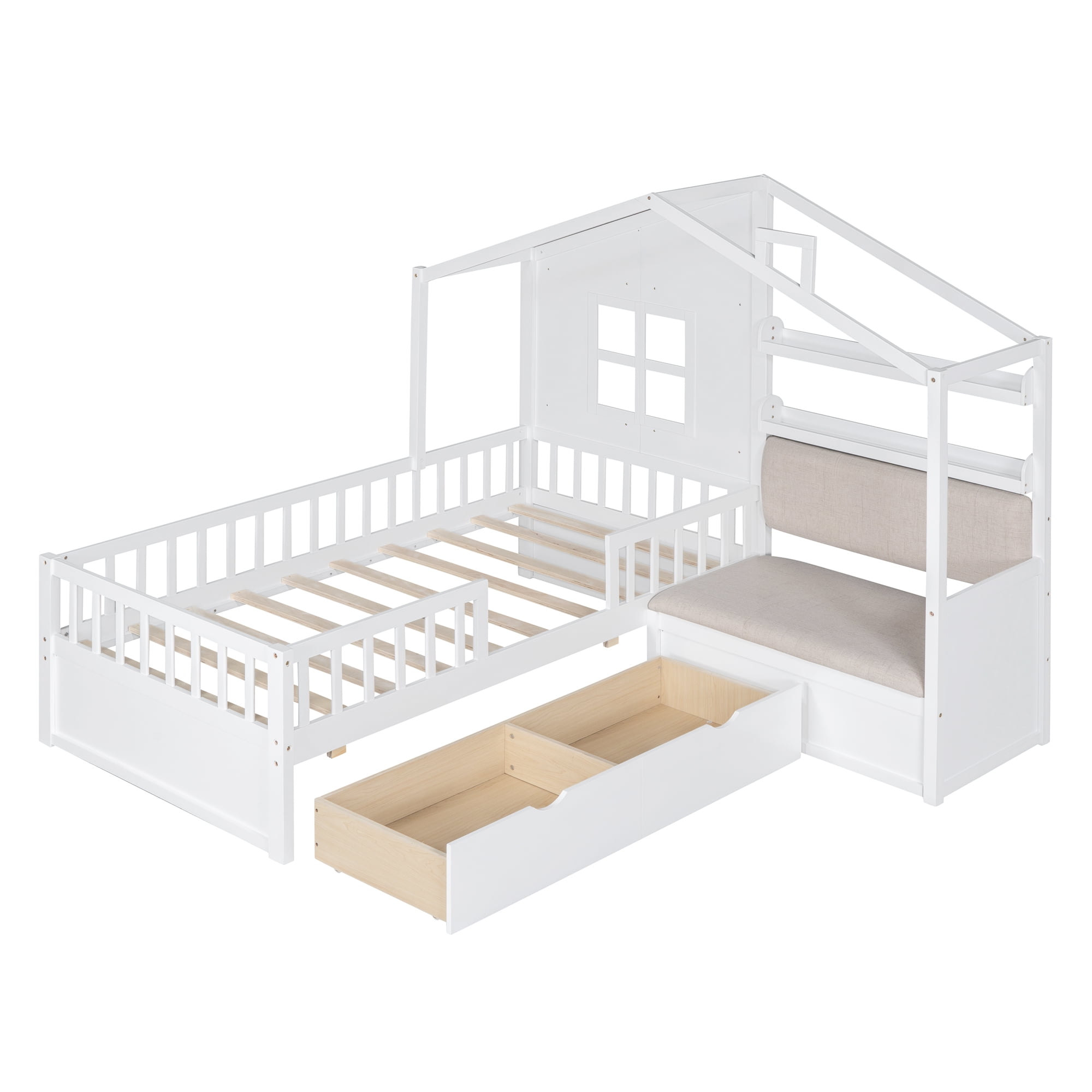 Harper & Bright Designs Twin Size House Bed with Sofa, Platform Bed with Two Drawers and Storage Shelf, White