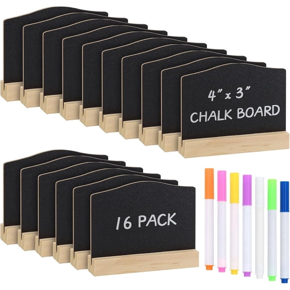Mini Chalkboard Signs with Stand, 16 Pack Reusable Wooden Tabletop Chalkboard 4 X 3 Inch, Buffet Food Signs for Party Black Mini Tabletop Sign for Restaurant, Wedding and Bar Countertop