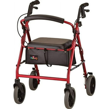 NOVA Zoom Rollator Walker with 22 Seat Height, Rolling Walker with Locking Hand Brakes, Padded Seat and 8 Wheels, Color Red