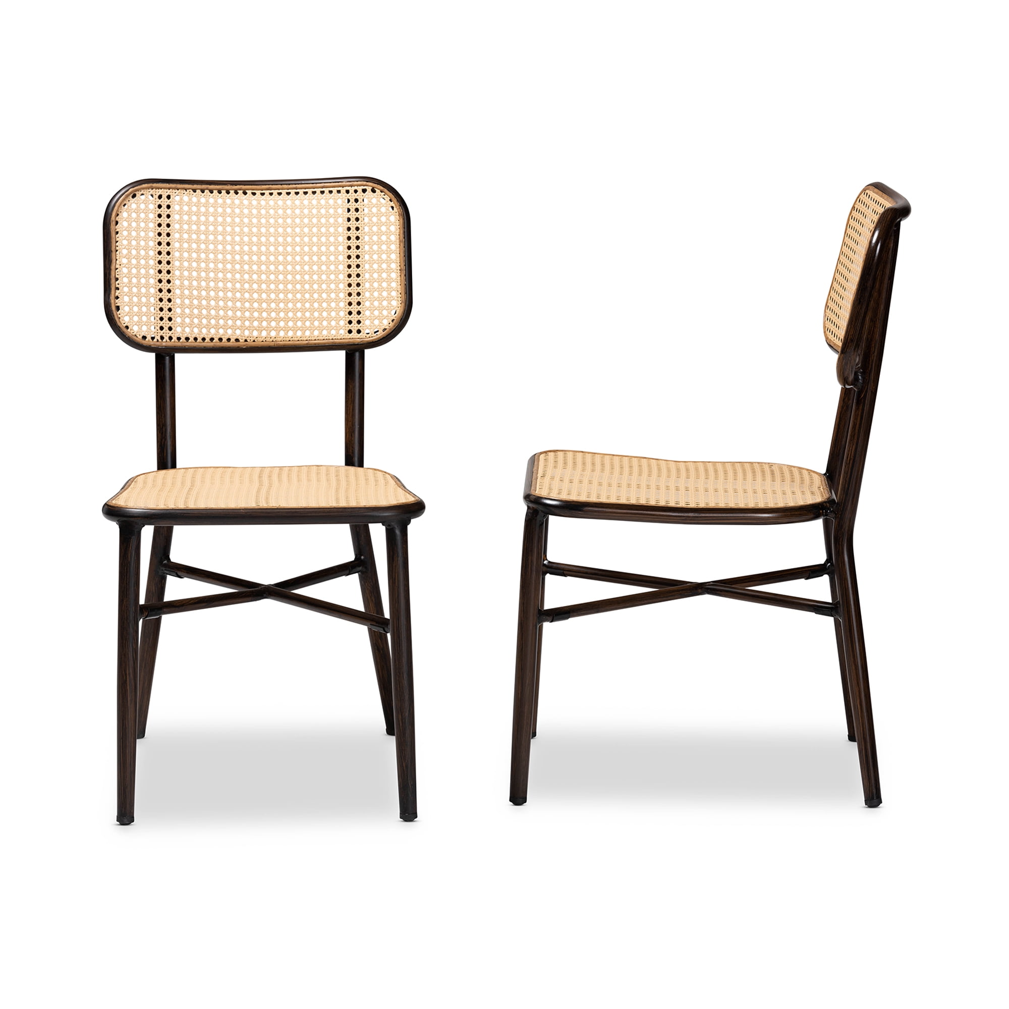 Baxton Studio Katina Mid-Century Modern Dark Brown Finished Metal and Synthetic Rattan 2-Piece Outdoor Dining Chair Set