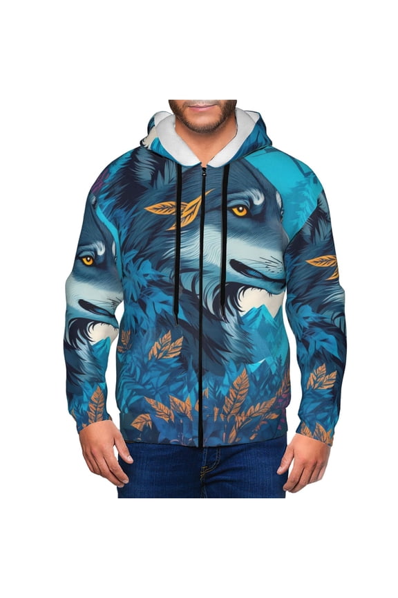 Blue Iceberg Leaf Wolf Print Men Hoodies Casual Hoodies for Men with Zip Pockets Full Zip Long Sleeve Sweatshirt Sports Hooded Jacket-Large