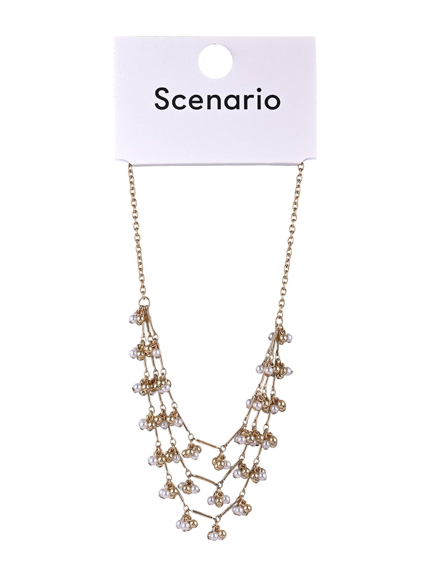Scenario Women's Gold-Tone 3-Row Necklace with Faux Pearl Bead Clusters