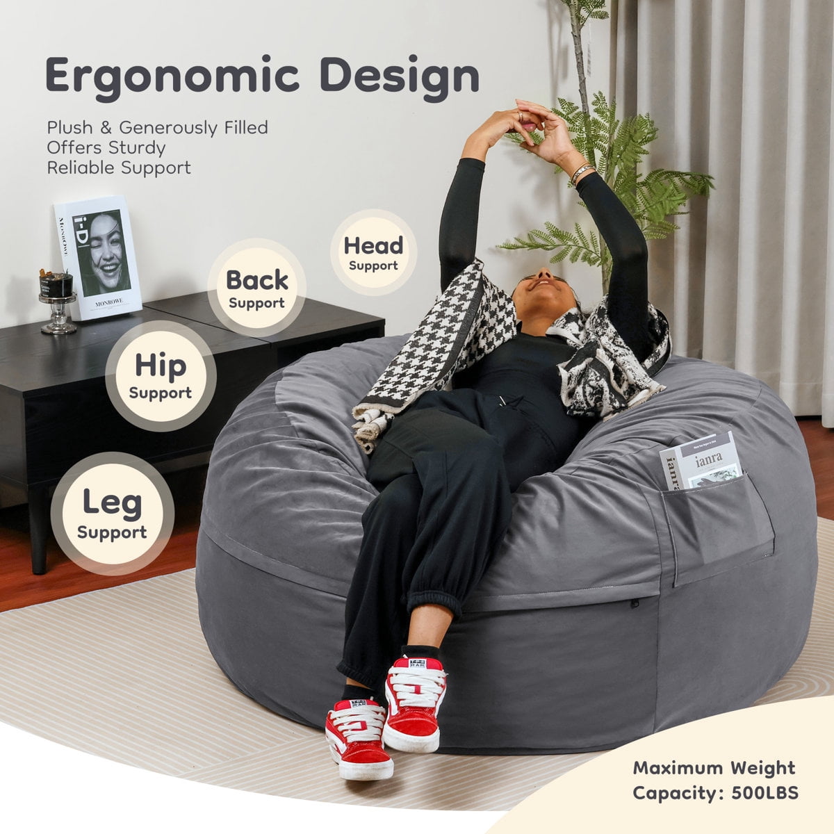 Bean Bag Chair, Oversized Beanbag for Adults, Kid, Comfy Refillable Single Sofa for Living Room, Bedroom, Dorm, Dark Gray