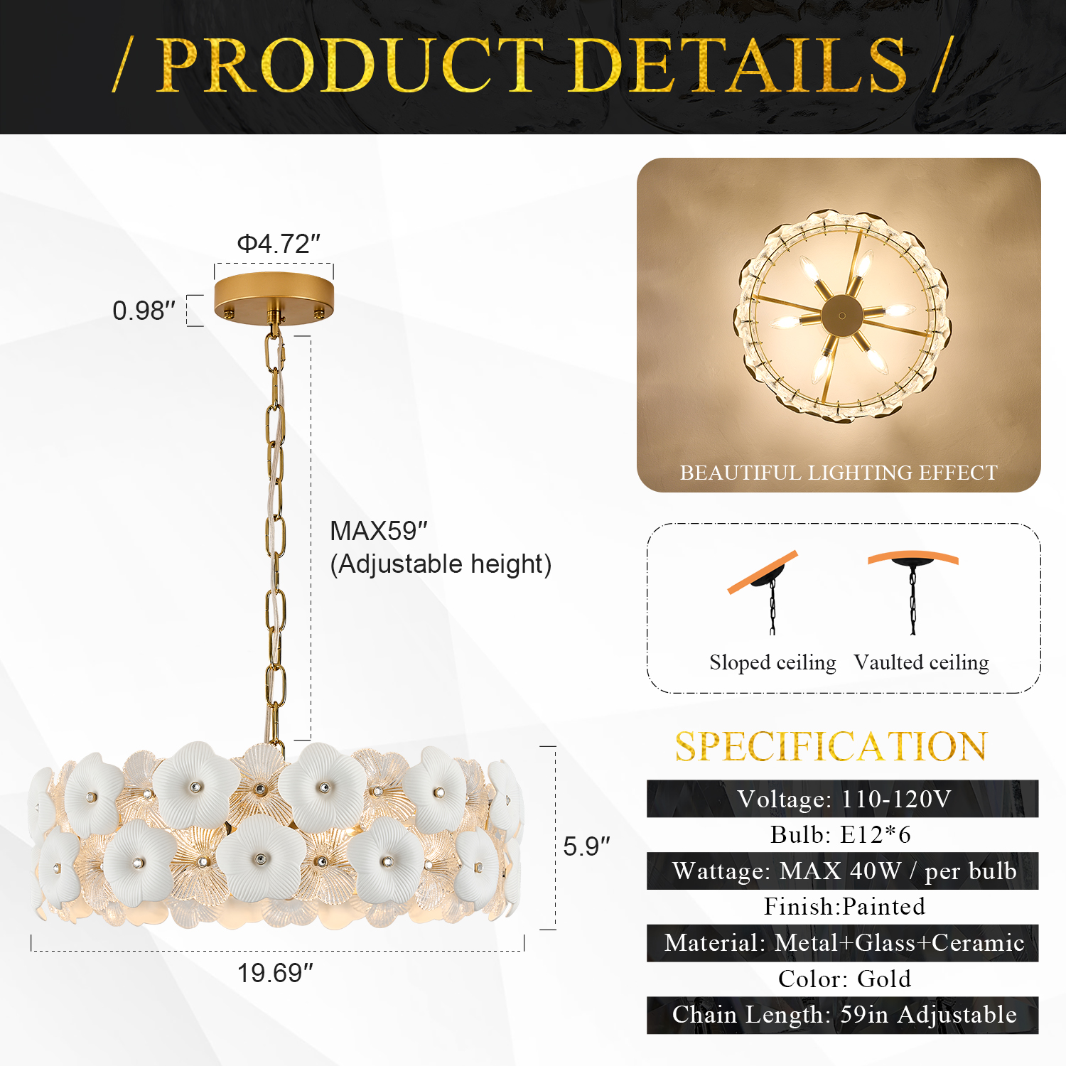 Modern Flower Elegant Glass Chandelier 20" Luxury 6 Lights Gold Chandelier Drum Pendant Light for Living Dining Room Kitchen Entryway Bedroom Foyer