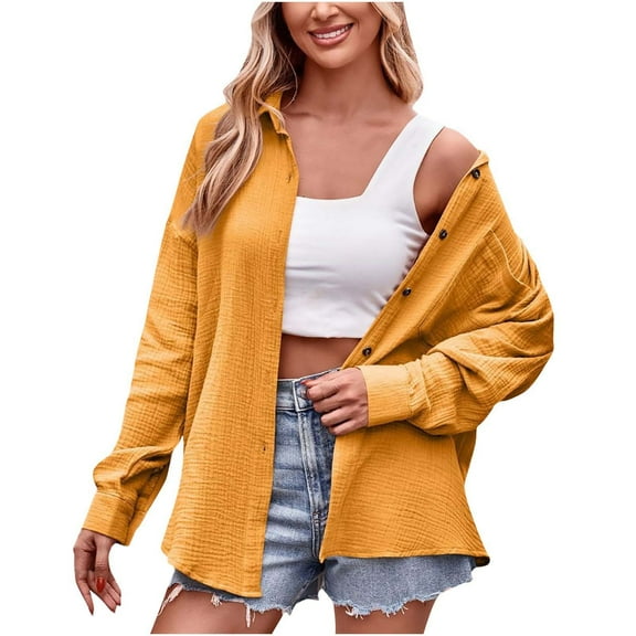 AherBiu Long Sleeve Tops for Women Button down Shirts Lapel V Neck Fall Casual Lightweight Jacket
