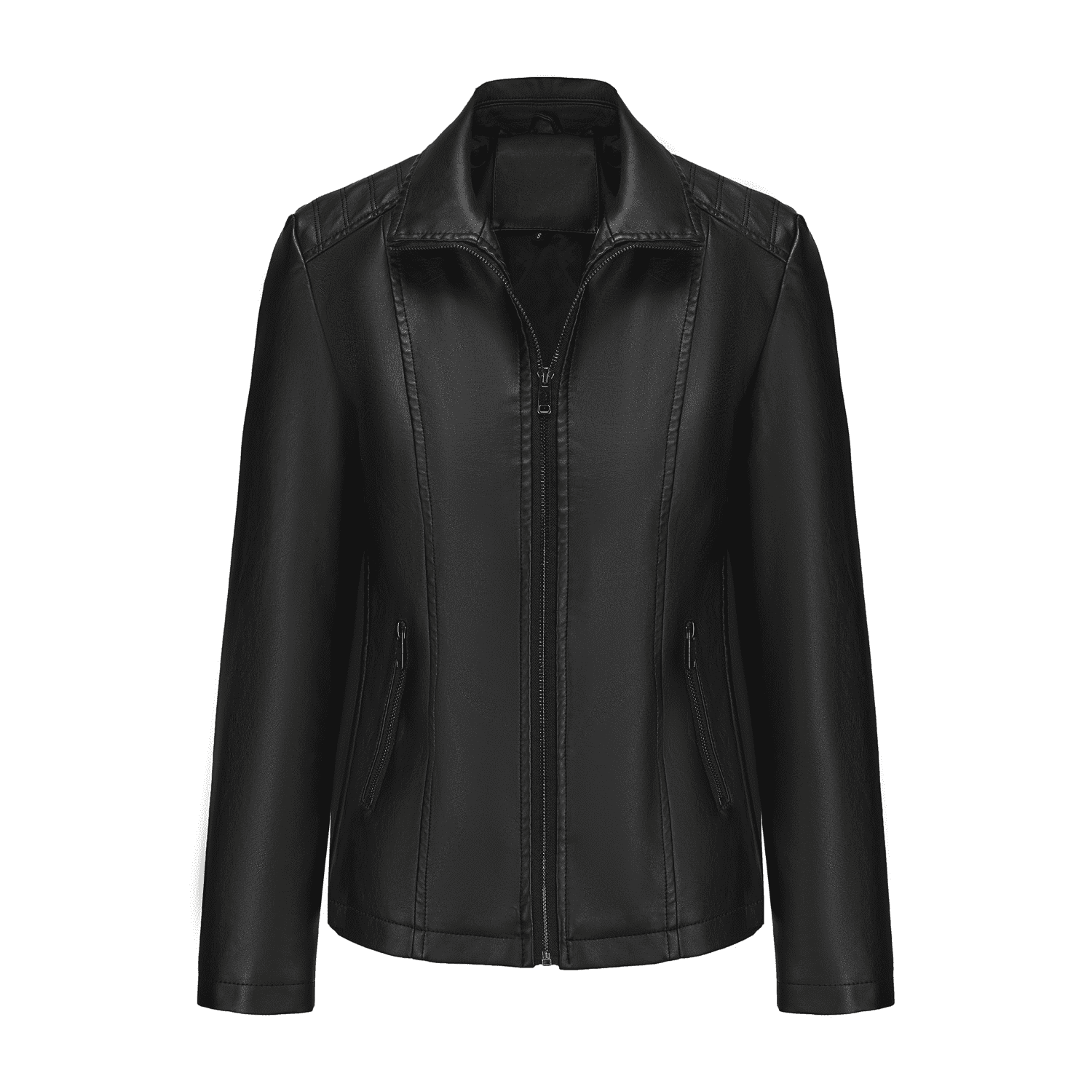 Panan Women's Faux Leather Jacket with Collar Long - Sleeve, Full - Zip Front & Side Zipper Pocket