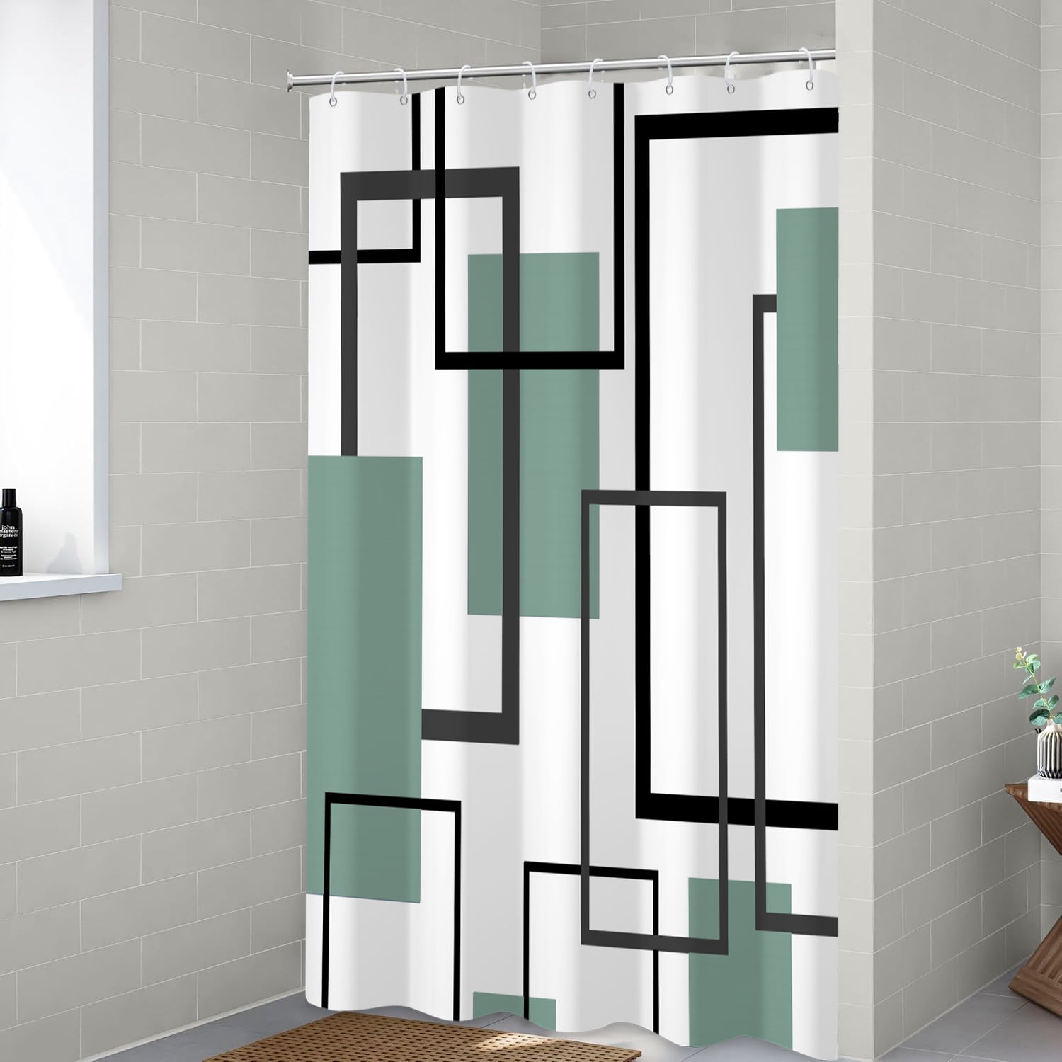 Green and White Shower Curtain Geometric Black and Green Modern Abstract Shower Curtains for Bathroom,47"x71"