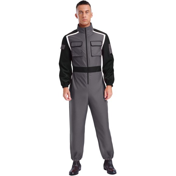Sxiwei Mens Racing Driver Fireman Cosplay Jumpsuit Long Sleeve with Pockets for Themed Parties Grey 3XL