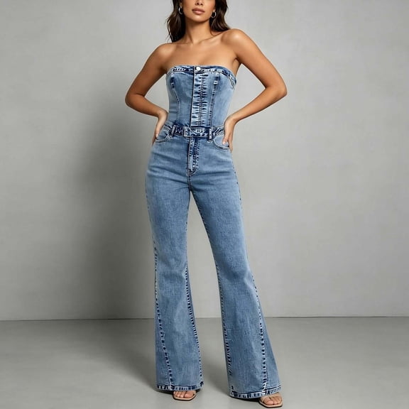 Women's Jeans Jumpsuit Strapless Tube Top Sleeveless High Waist Belted Wide Flare Leg Romper for Club Daily Casual Outfits, Pants for Women Blue L