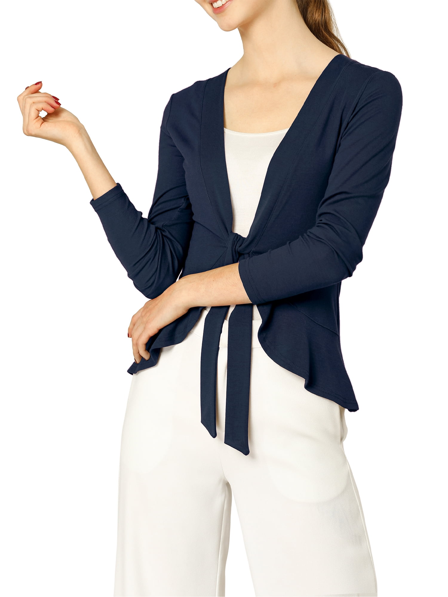 DARING DIVA Women's Tie Front Ruffled Hem Crop Knit Cardigan XS Blue