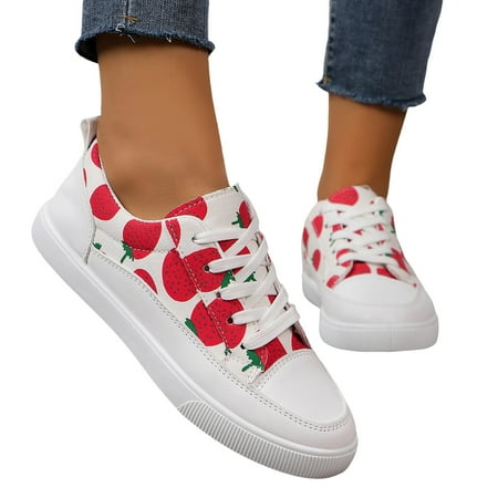 QYZEU Women s Platform Sneakers Flat Shoes for Women Comfortable Casual 2024 Spring Autumn Single Shoes Printed Breathable Shoes Low Cut Lace Up Women s Shoes Red 42