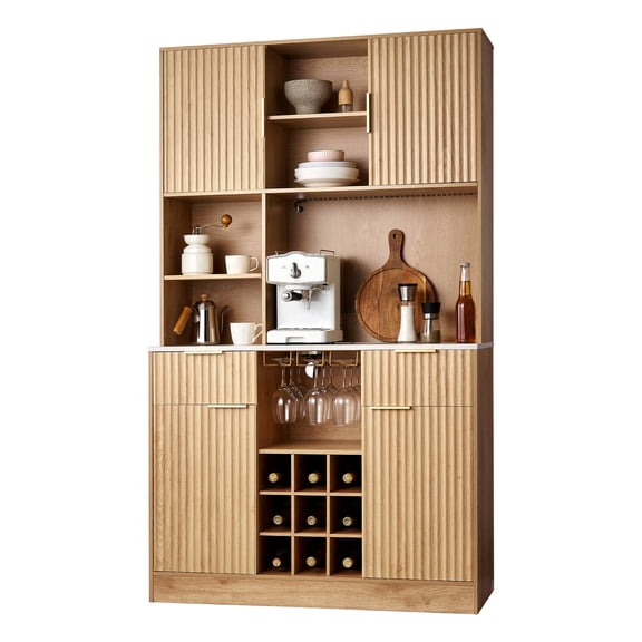 KFFKFF Wine Cabinet with Bottle Racks, Coffee Bar Sideboard Featuring Glass Holder, LED Lighting, Charging Station, Ideal for Kitchen, Living Room, Dining Area, Natural Wood Design