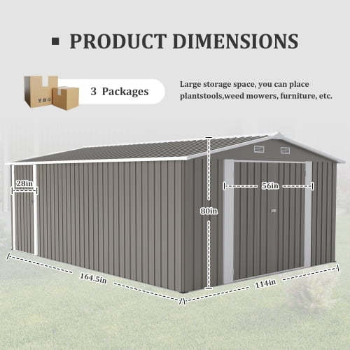 Villeston Outdoor Storage Shed 10×14 FT with 3 Lockable Doors,4 Vents,for Backyard Patio Lawn, Light Grey