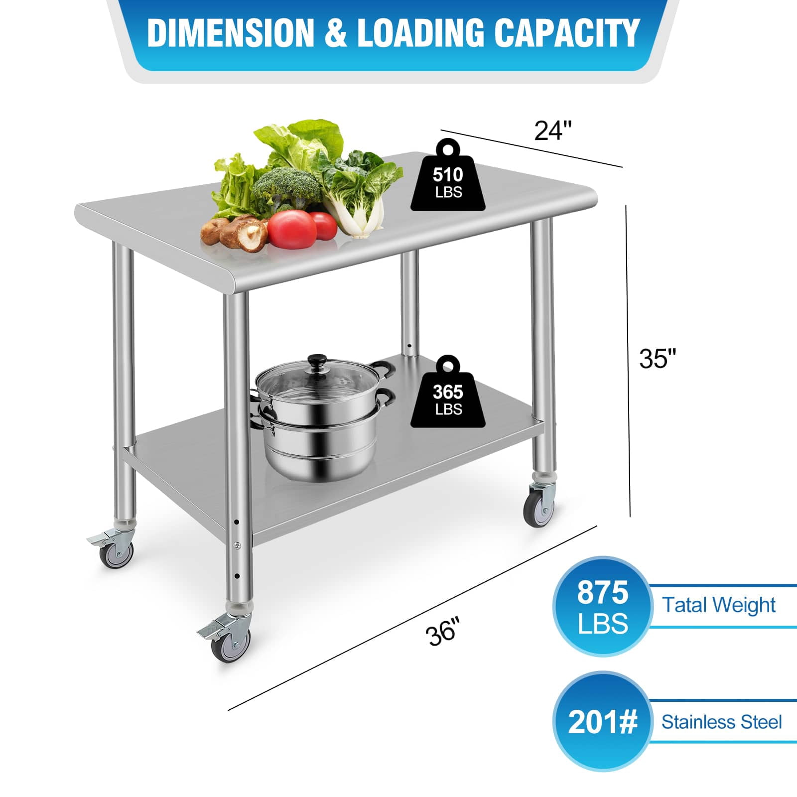 EastVita Stainless Steel Prep Table 36 x 24 Inch NSF Heavy Duty Commercial Kitchen Table with 4 Wheels and Undershelf Outdoor Cooking Table Dining Room Garage Laundry Room