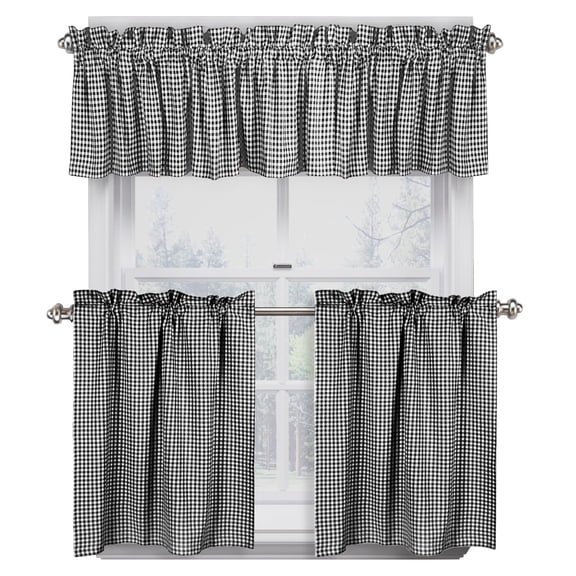 Native Fab Gingham Mini Check 3 Piece Window Curtain Tiers 26"x36" and Valance 54"x18" Set - Rod Pocket - Semi Sheer - Farmhouse Vintage Curtain for Kitchen, Cafe, Living Room - Black and White