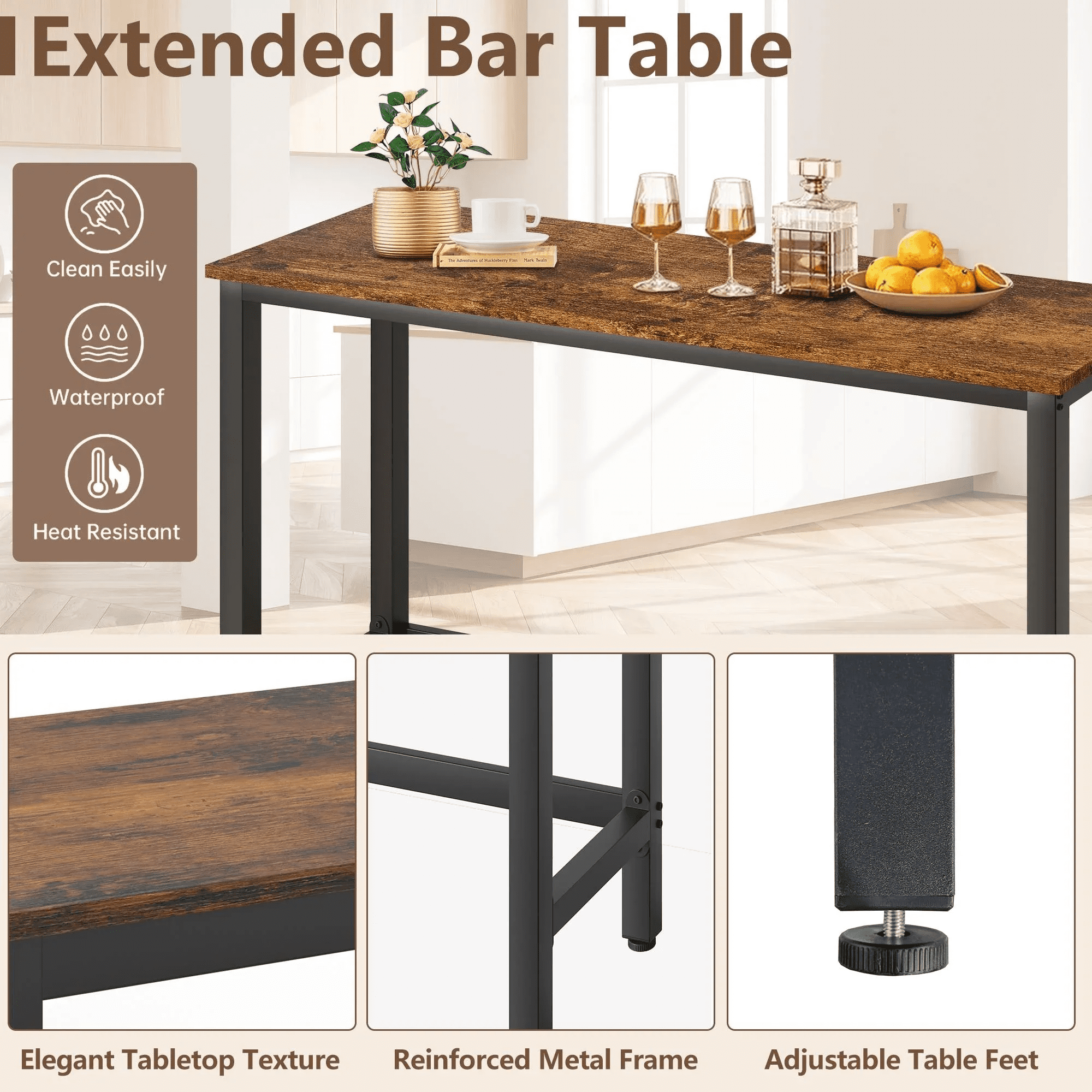 Small Kitchen Table Set for 3, Modern Dining Room Table Set with 3 Stools, Extra Long Bar Table Set, Wooden Pub Table, and Chairs Set, Saving Space Patio Restaurant Bistro Table Set, Brown