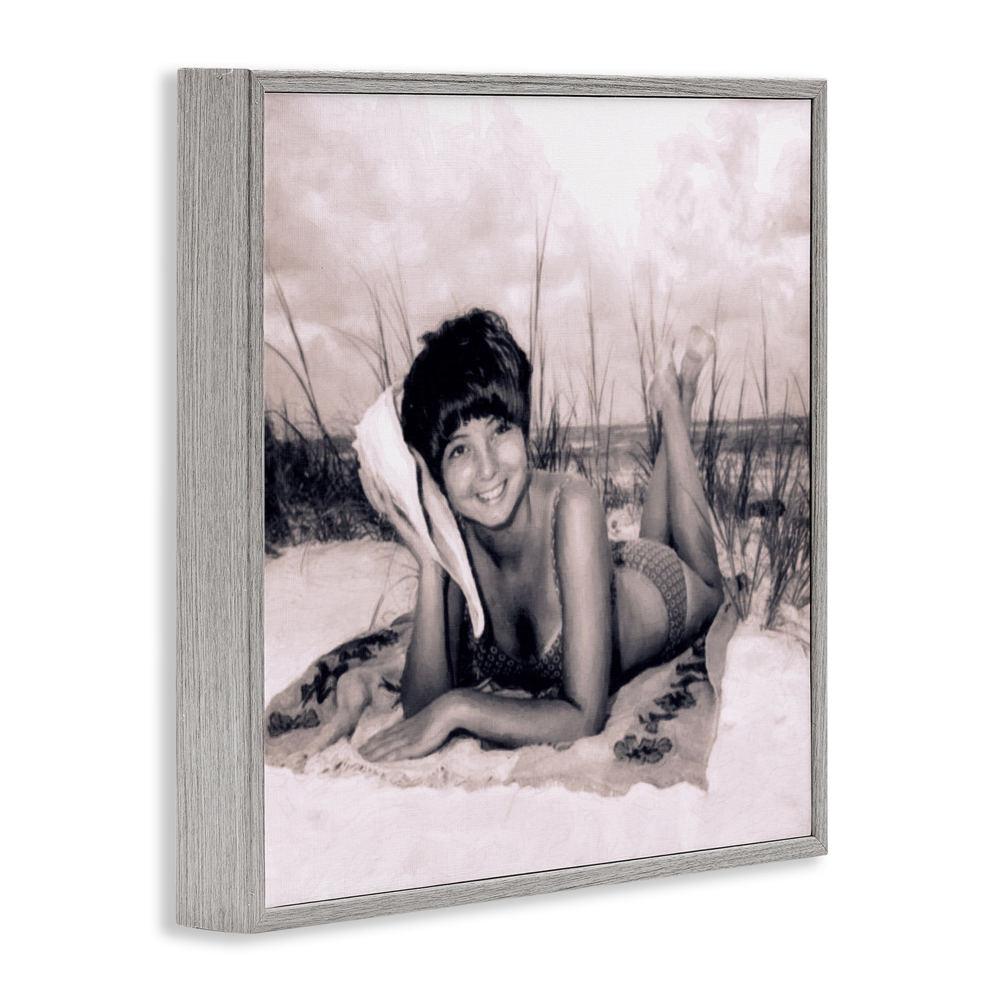 Stupell Industries Vintage Summer Girl with Conch Gray Framed Giclee Art, design by Grotto Studios