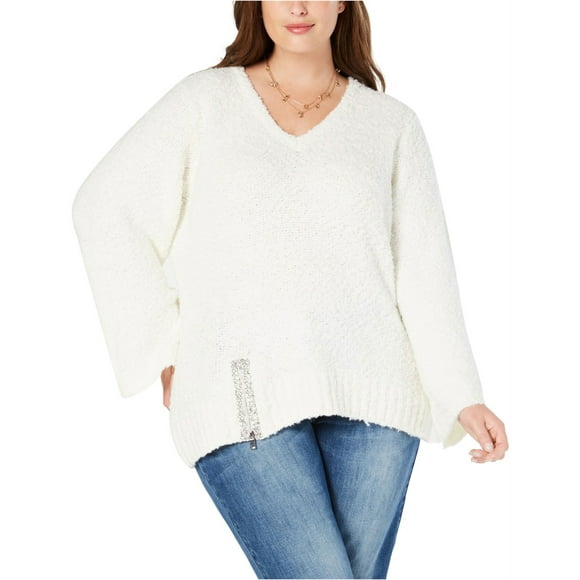 I-N-C Womens Rhinestone Zip Pullover Sweater, White, 3X