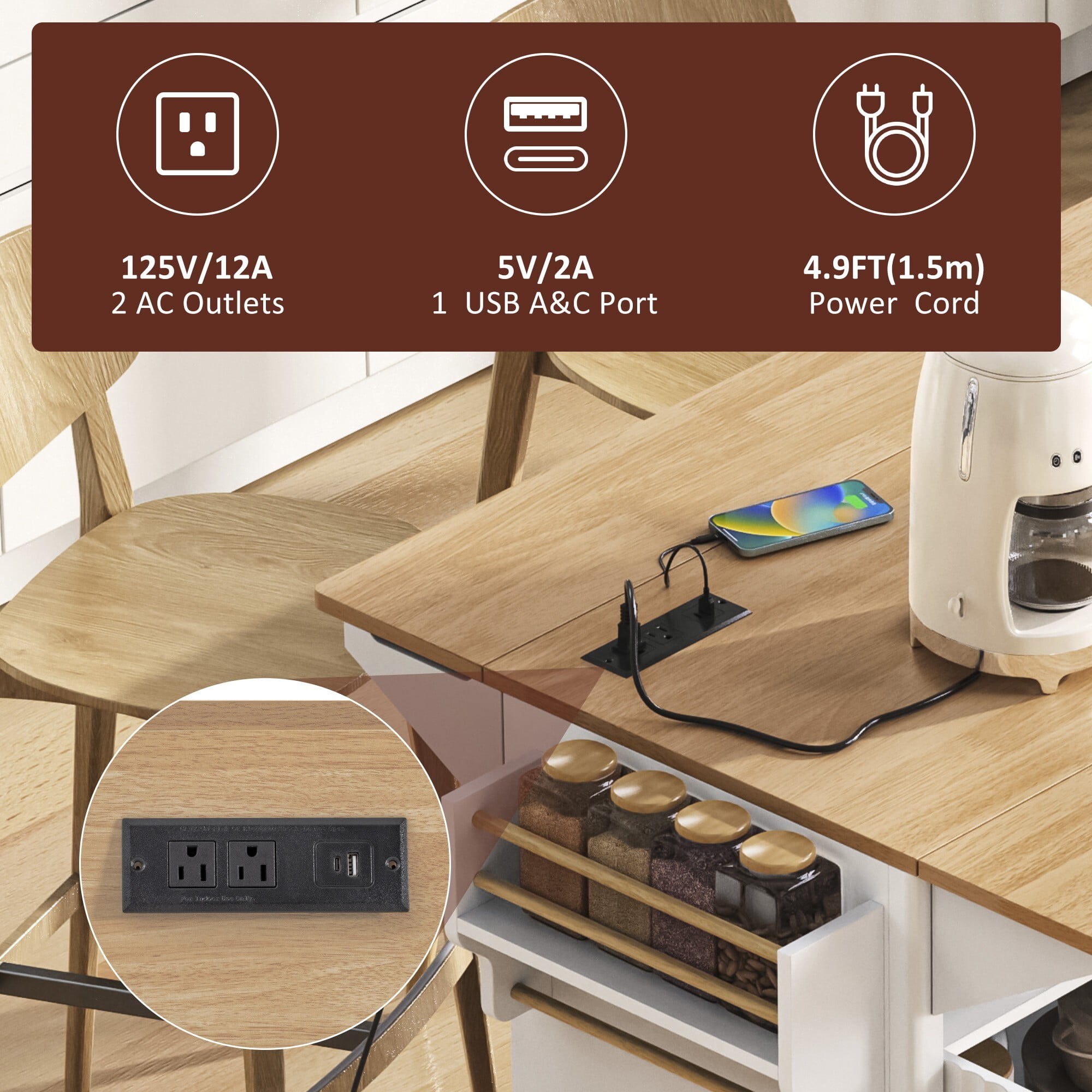 AENKYO 55" Kitchen Island with Drop Leaf & Charging Station, Mobile Storage Serving Cart with Wheels, White