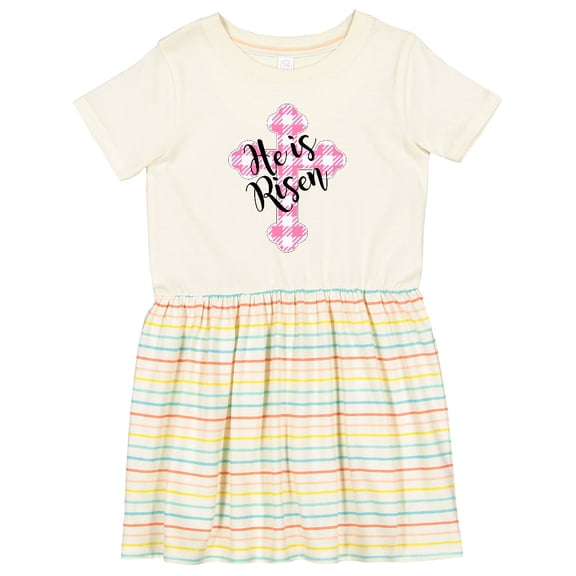 Inktastic He is Risen Pink Plaid Cross Girls Toddler Dress