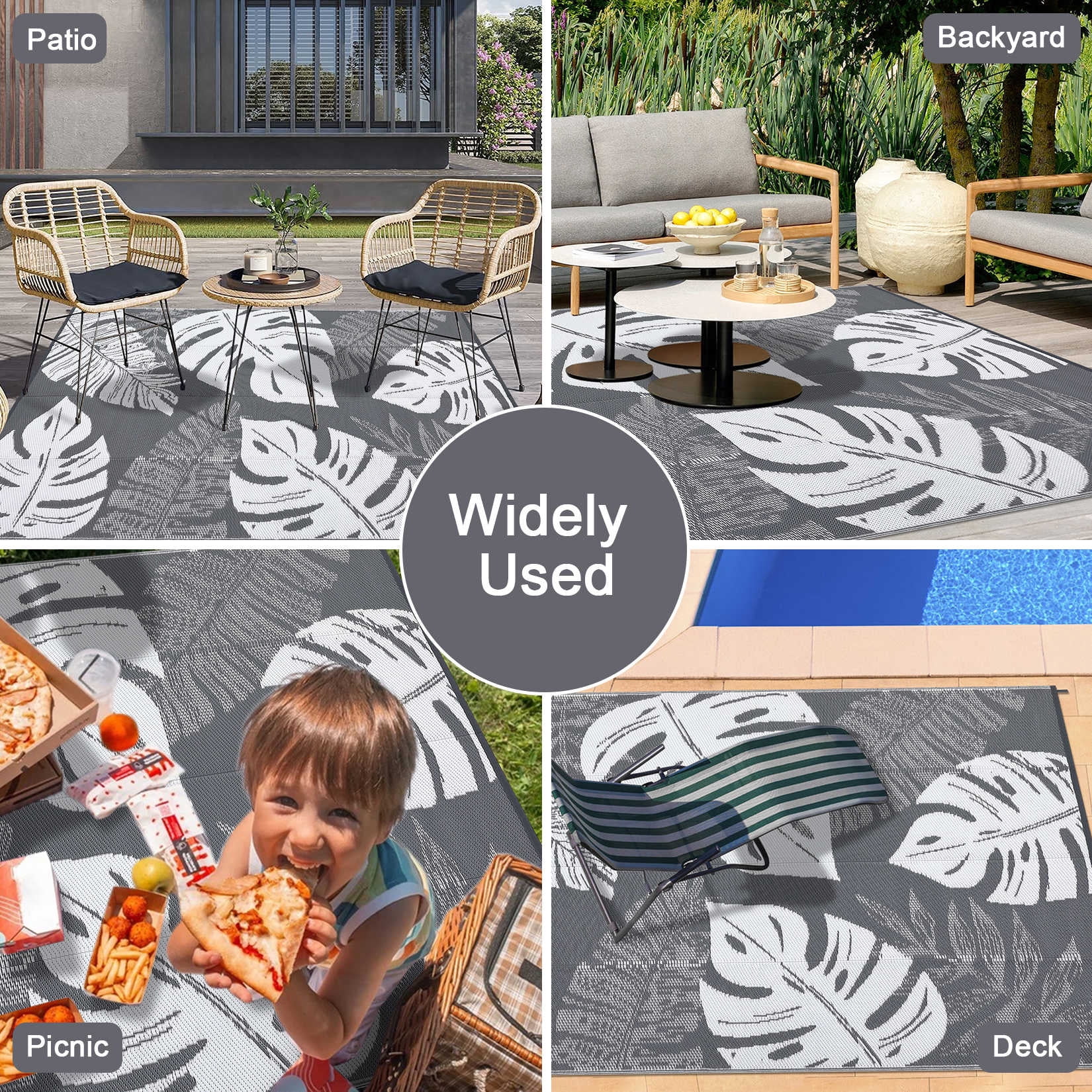 5*8ft/6*9ft/9*12ft/8*10ft/9*18ft/10*14ft/10*20ft Plastic Straw Rug Outdoor Rug Modern Leaves Area Rug Waterproof Patio Rug Outdoor Camping Rug for RV Porch Deck Camper Balcony Backyard