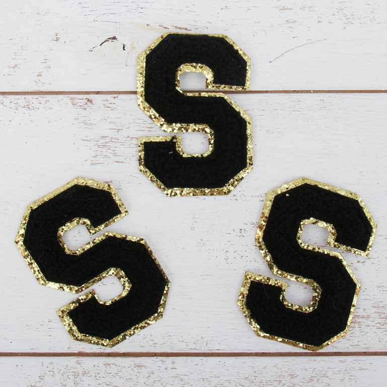 3 Pack Chenille Iron On Glitter Varsity Letter S Patches - Black Chenille  Fabric With Gold Glitter Trim - Sew or Iron on - 8 cm Tall 